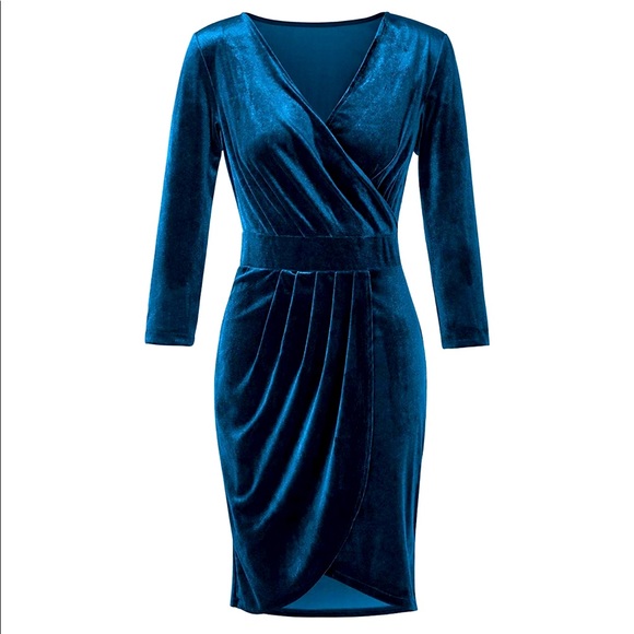Women’s Long Sleeve Velvet Bodycon Wrap Cocktail Dresss - Picture 1 of 3